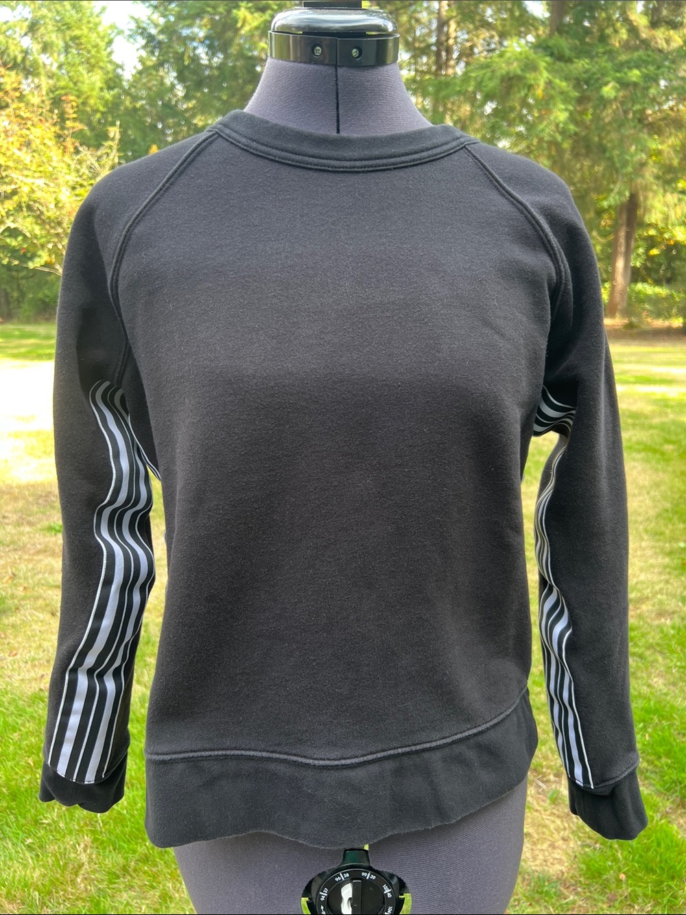 Athleta Black Crewneck Sweatshirt with White Striped Sleeve Panels